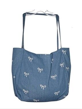 Handmade Blue Denim Tote Bag w White Bowties Long Skinny Straps w Inside Pocket